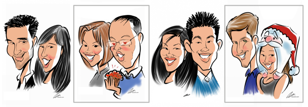Caricature couples from live digital events.